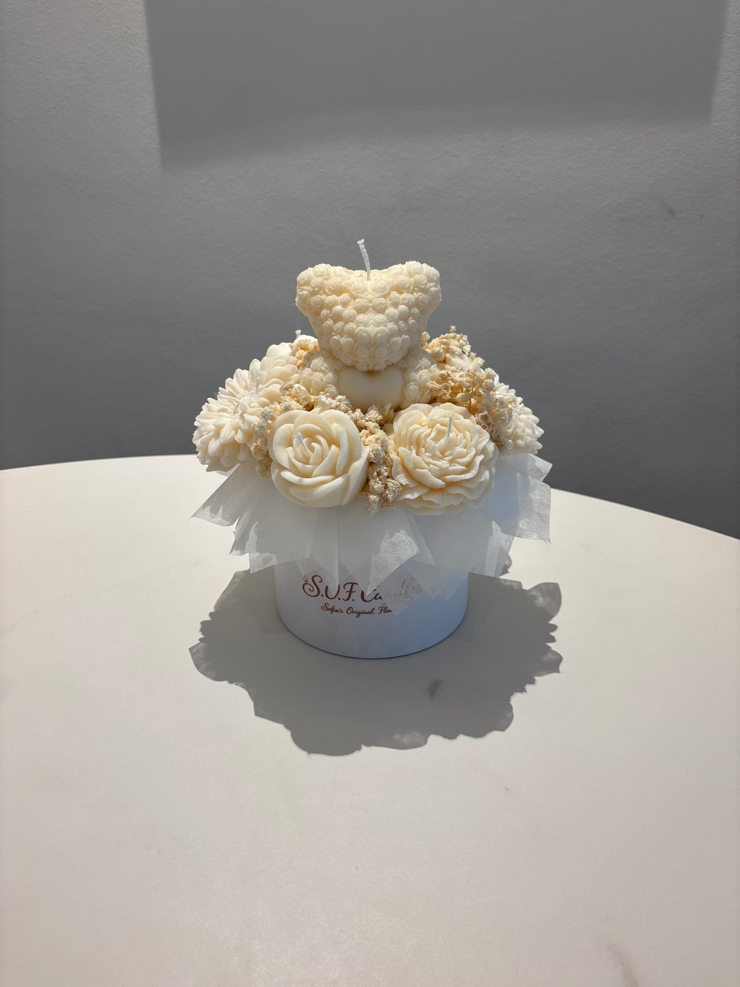 Teddy Kerzenblumenstrauß in weiß
