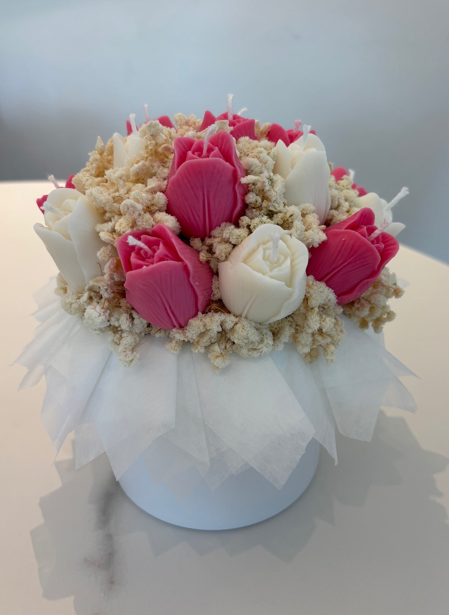 Kerzen-Tulpenstrauß in pink/weiß