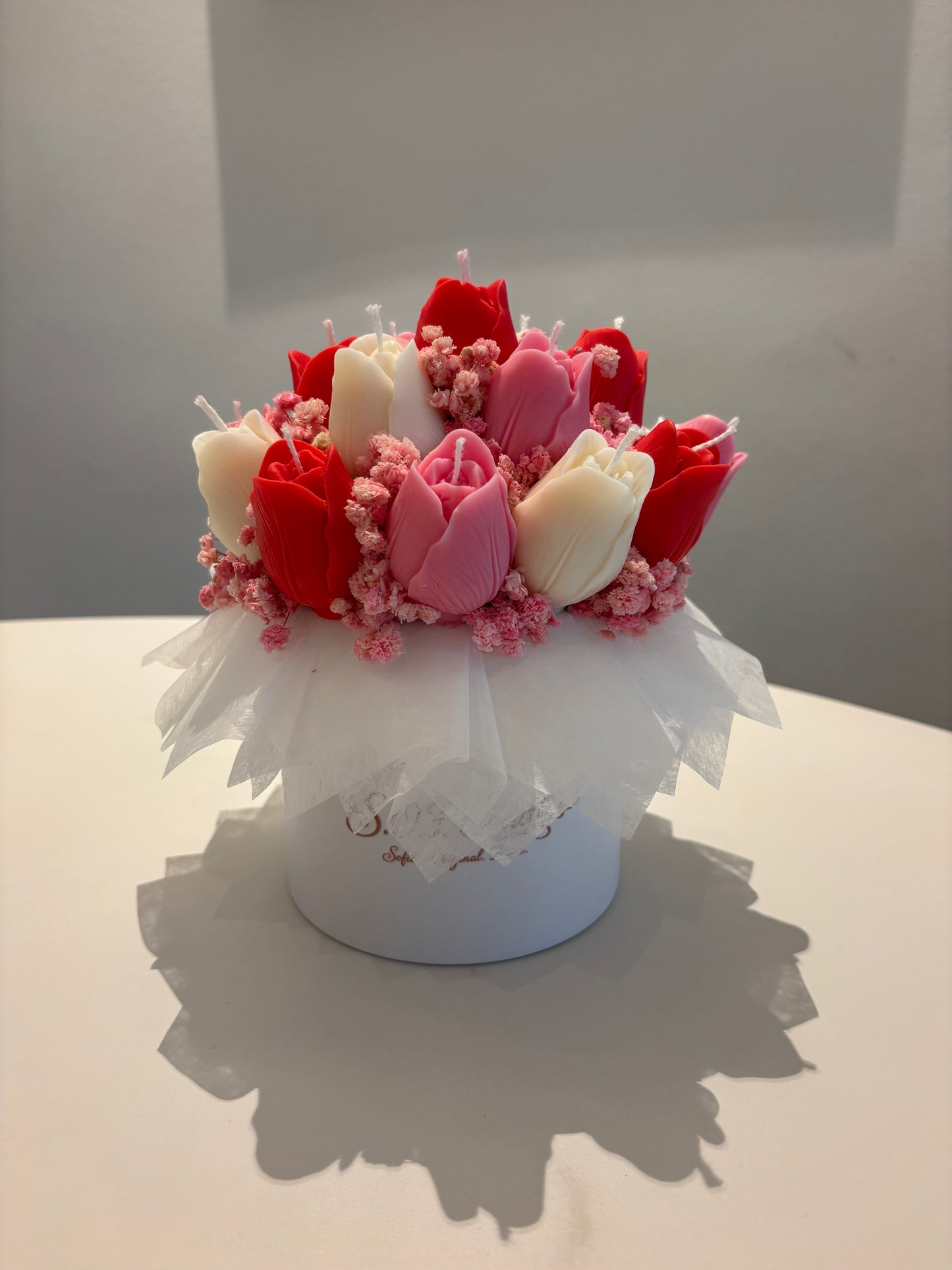 Kerzen-Tulpenstrauß in rot/weiß/rosa