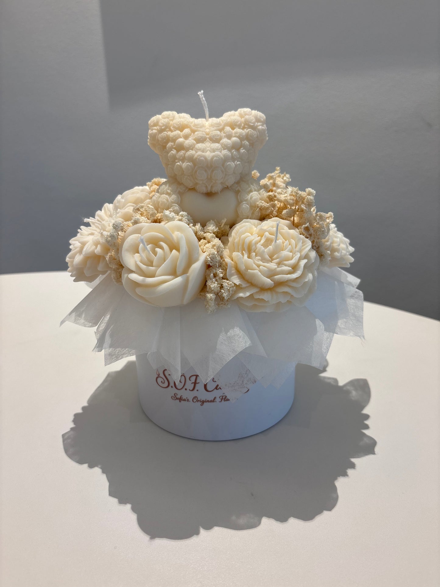 Teddy Kerzenblumenstrauß in weiß