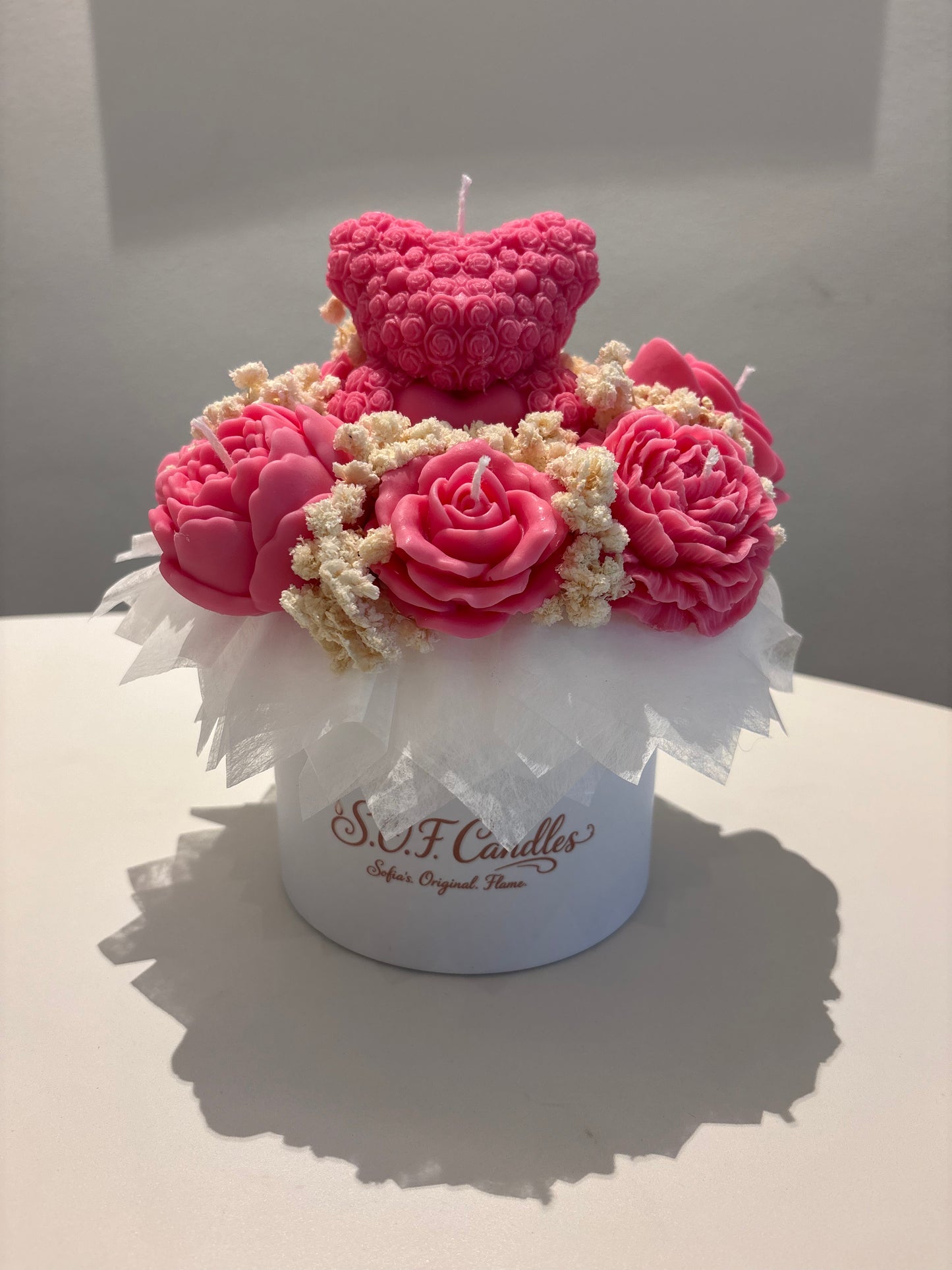 Teddy Kerzenblumenstrauß in pink/weiß