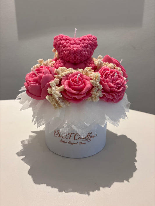 Teddy Kerzenblumenstrauß in pink/weiß