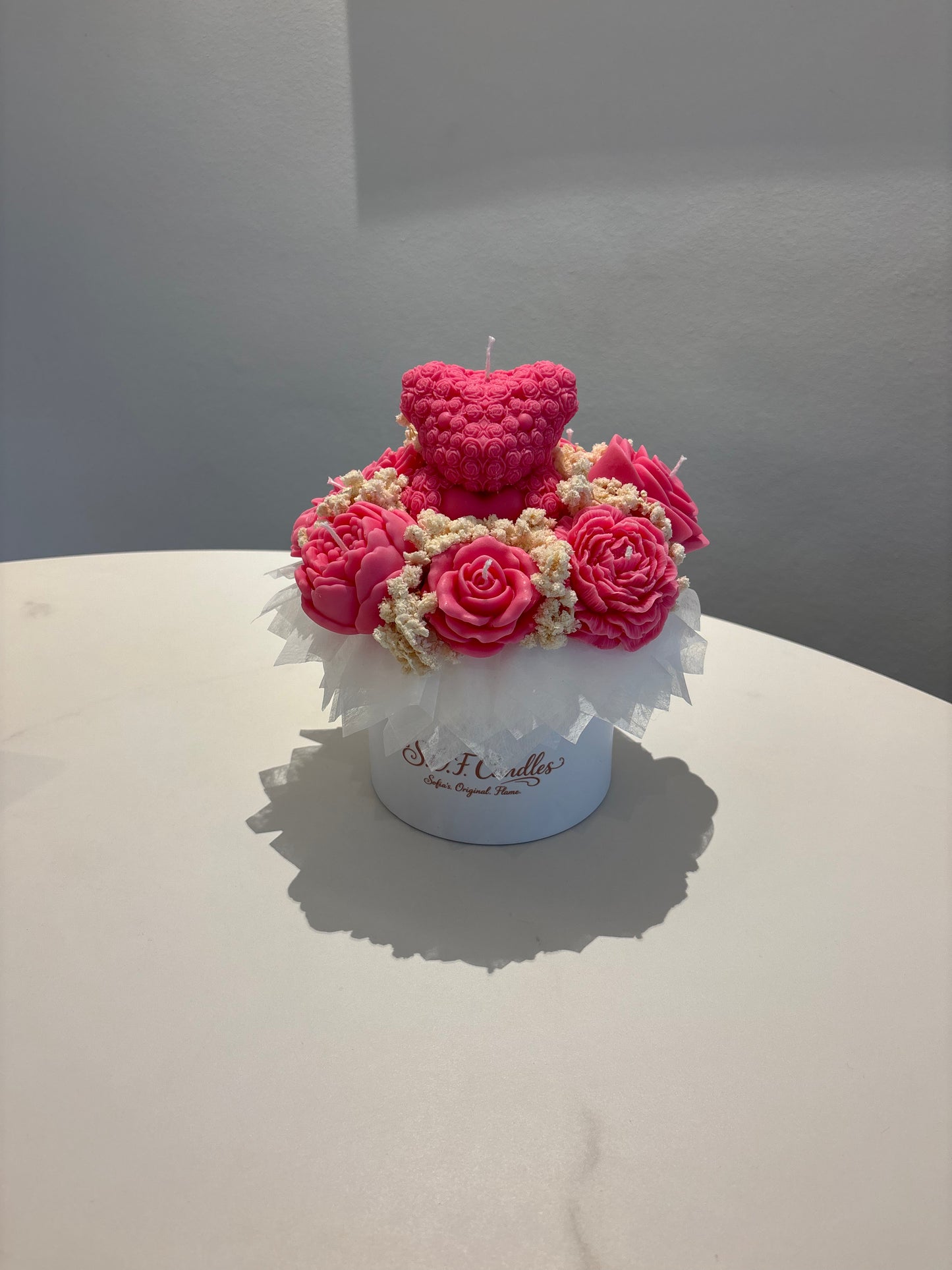 Teddy Kerzenblumenstrauß in pink/weiß