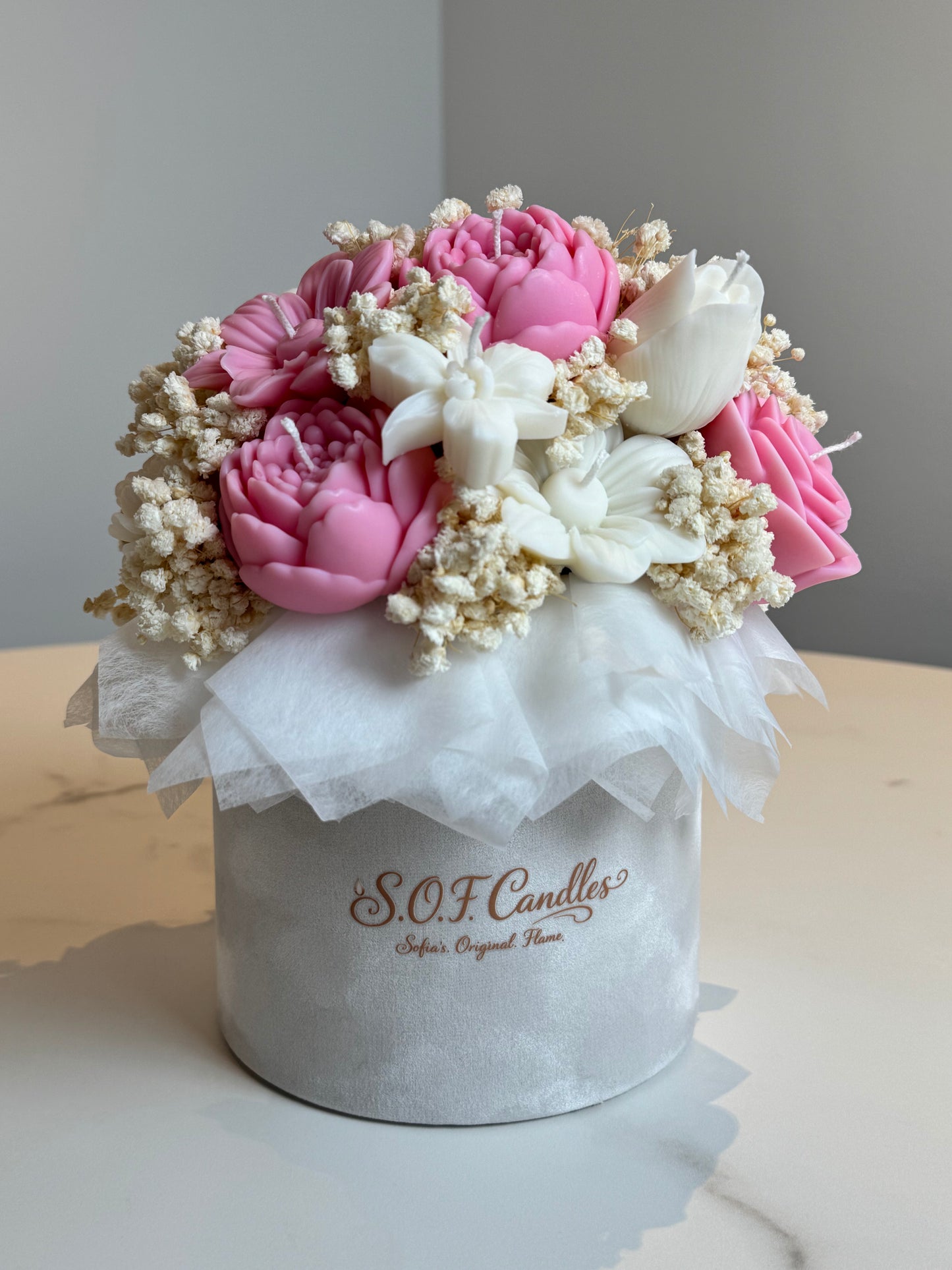 Kerzen-Blumenstrauß in Samtbox rosa/weiß