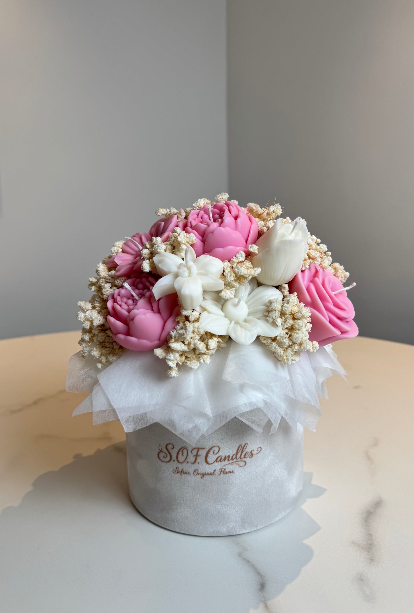 Kerzen-Blumenstrauß in Samtbox rosa/weiß