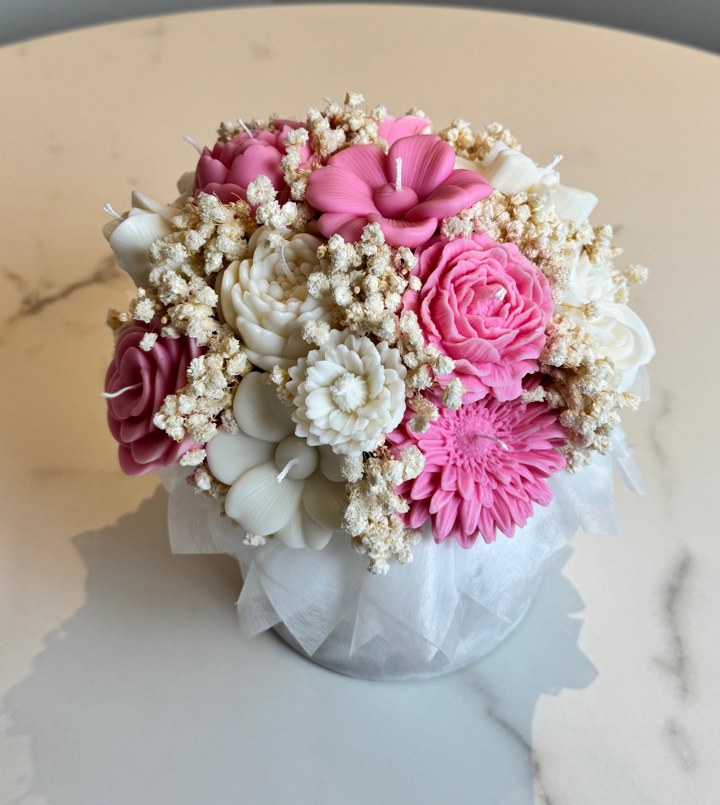 Kerzen-Blumenstrauß in Samtbox rosa/weiß